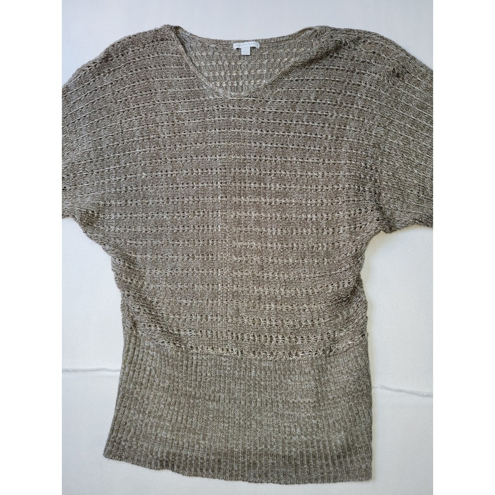 New York & Company Taupe Marl Open Knit Dolman Sleeve V-Neck Sweater Top Medium
